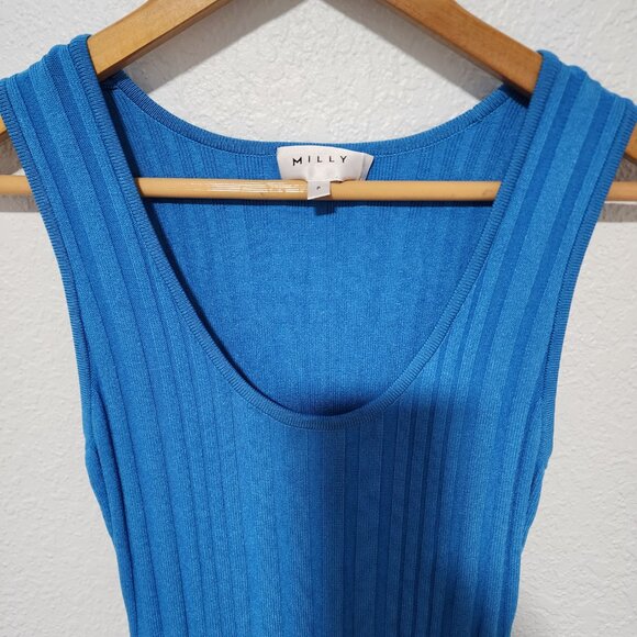 Milly Blue Pepper Dress Chic Mini Sleeveless Ribbed Knit Top Ruffle Hem Bold - Picture 6 of 8
